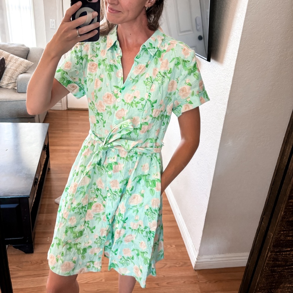 NWT Hill House Laura Dress in Blue Roses Linen Pockets Belted Floral